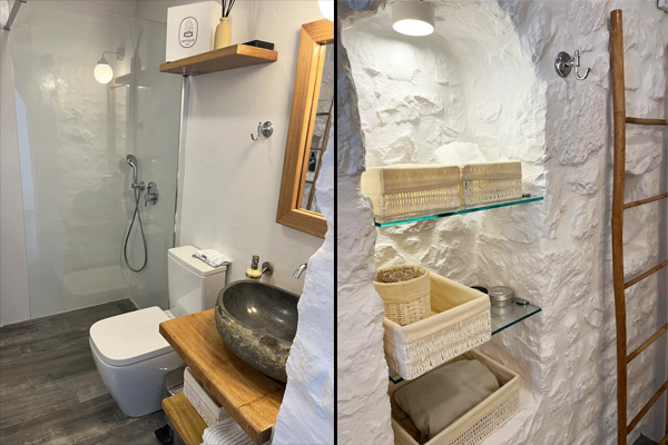 Μπάνιο με τουαλέτα, ντουζιέρα και νιπτήρα στη σουίτα Σίκλος